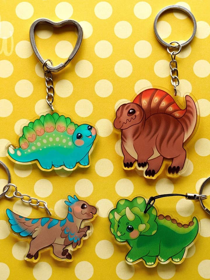 Portachiavi a forma di dinosauro • Ciondoli acrilici a doppia faccia da 5,1 cm | Brachiosaurus Spinosaurus Triceratops Velociraptor Stegosaurus Mosasaurus per la vendita all'ingrosso da parte di Mollsie Wallsie