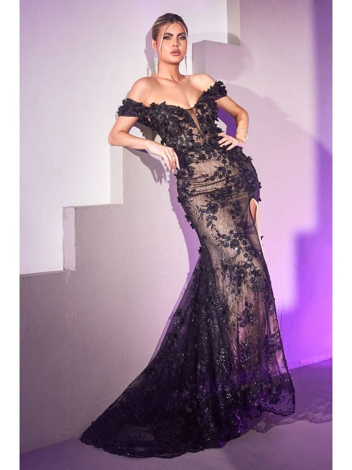 Ladivine by Cinderella Divine - Wholesale Gown - Women's - OFF THE SHOULDER 3D APPLIQUE FLORAL GOWN