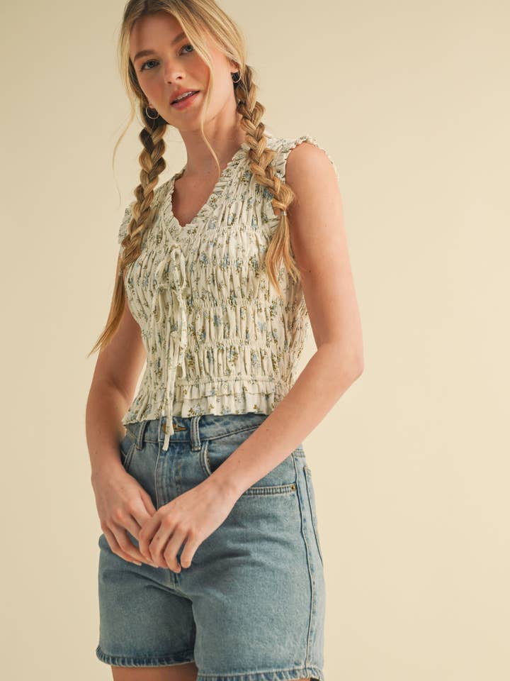 &MERCI - Wholesale Blouse - Women's - SMOCKED RUFFLE TIE FRONT TOP MTP399415