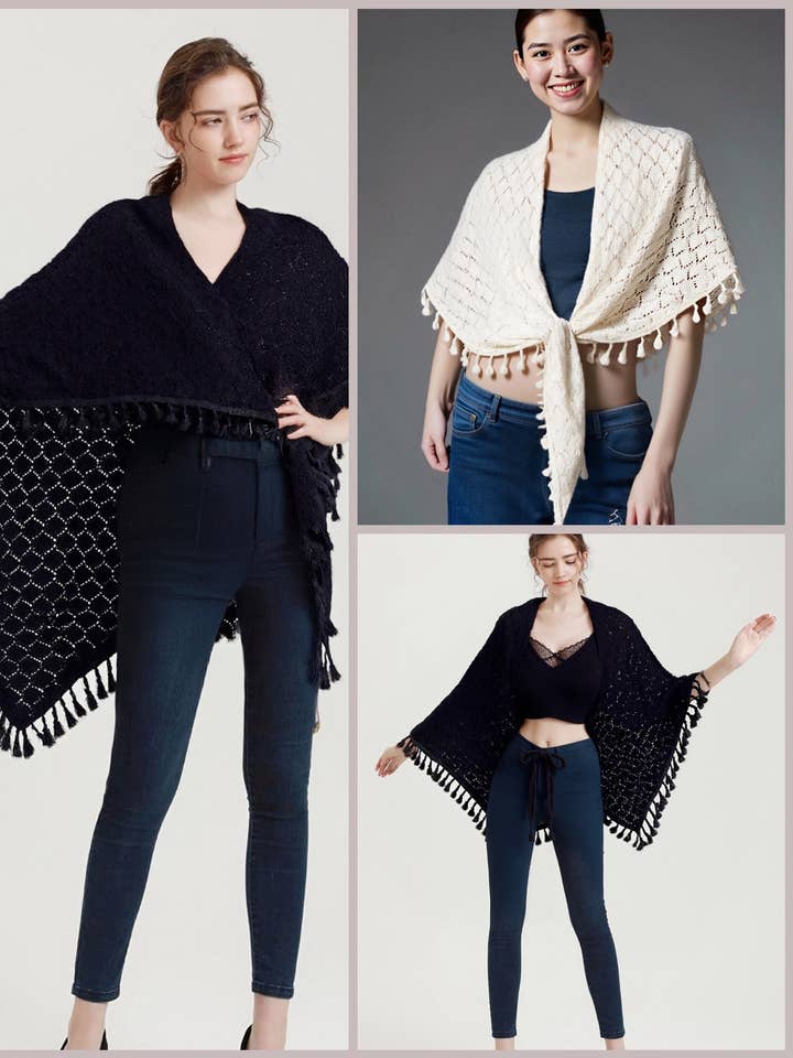 Elegant Open-Knit Triangle Wrap with Handcrafted Tassels for wholesale by JC Sunny Fashion