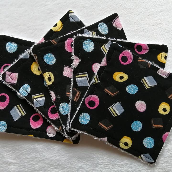 Liquorice Allsorts reusable face wipes/cotton pads for wholesale by Hannah and me