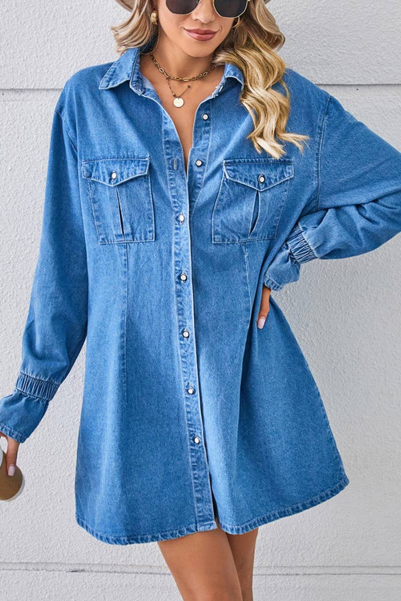 Lily Clothing - Wholesale Dress - Women's - BELL SLEEVE LOOSE CARDIGAN DENIM SHIRT DRESS_CWDSD25761