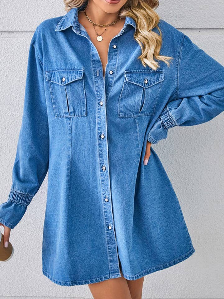 Lily Clothing - Wholesale Dress - Women's - BELL SLEEVE LOOSE CARDIGAN DENIM SHIRT DRESS_CWDSD25761