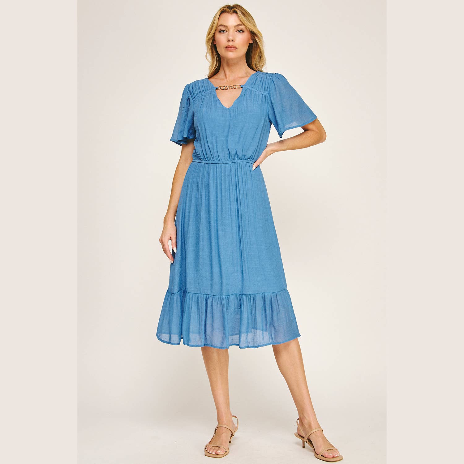 Winslow Collection - Wholesale Dress - Women's - FLUTTER SLEEVE NECKLACE DETAIL PRINTED MIDI DRESS0