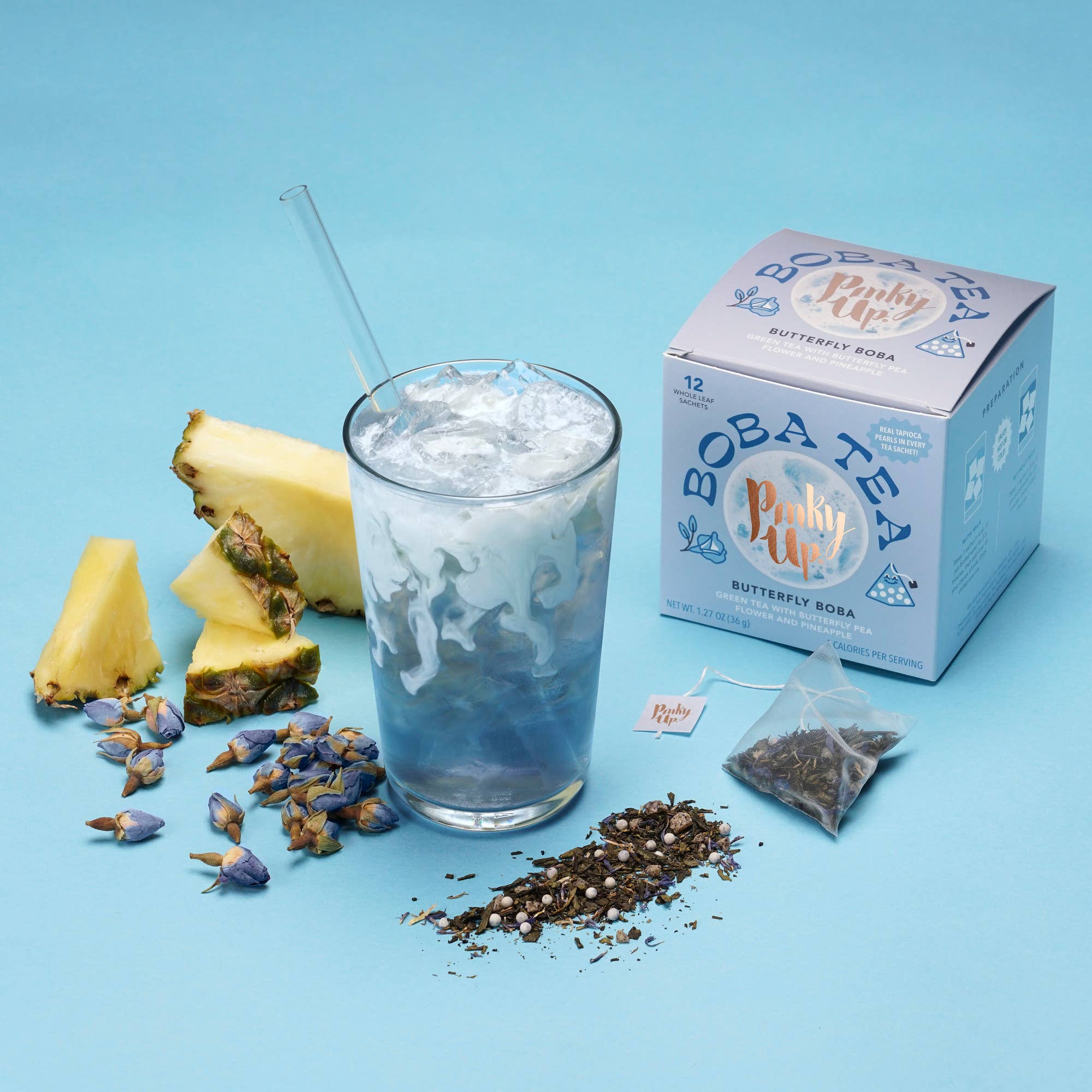 Pinky Up - Wholesale Tea Bags - Boba Tea Butterfly Box of 12 Wrapped Pyramid Sachets2