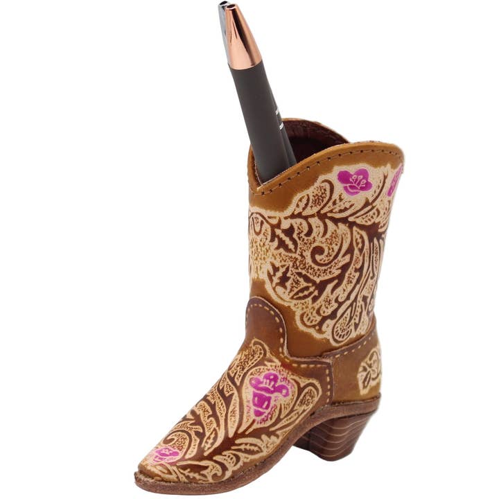 Leather Cowboy Boot pen holder home decor for wholesale by Sunflower Handmade leather inc