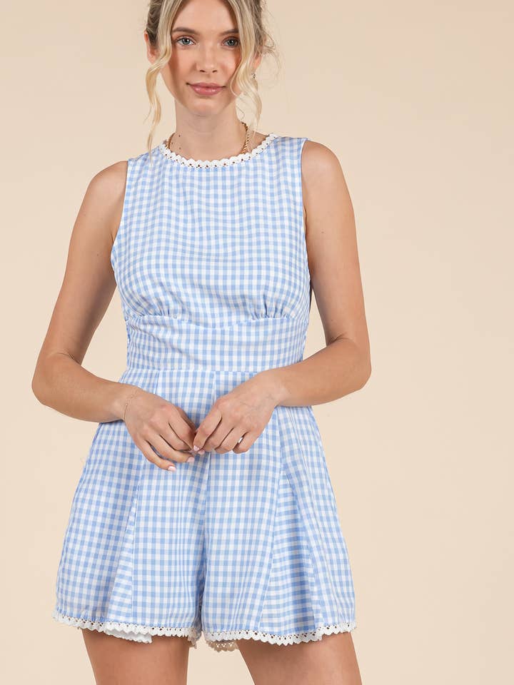 BABY PINK - Wholesale Romper - Women's - Gingham printed romper with lace trim detail