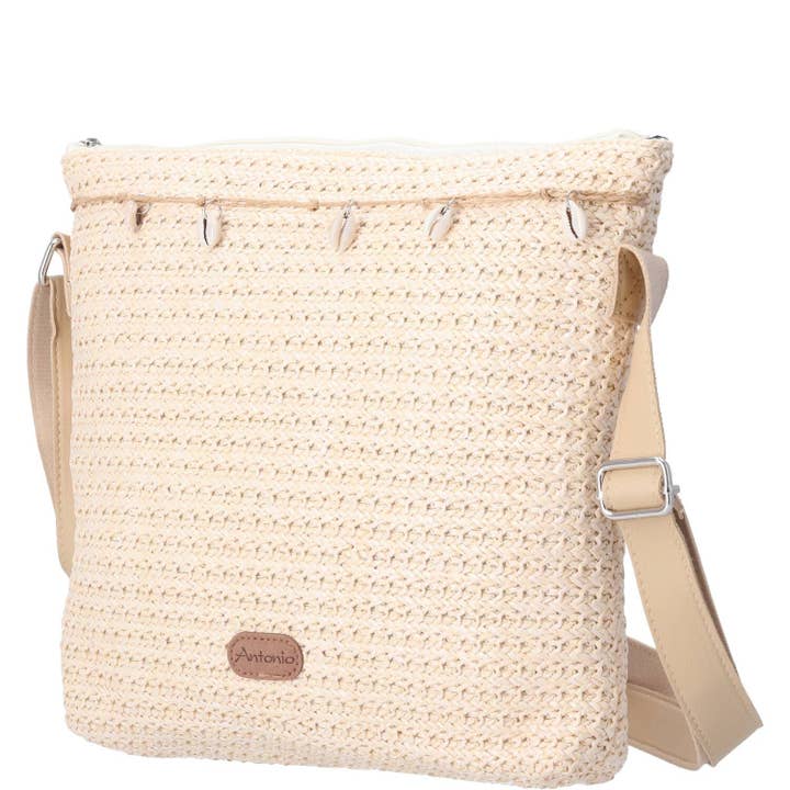 Damen Bast Tasche M » Umhängetasche ca. 30 x 26 cm » sommerliche Tasche mit Handy-Fach» Handtasche mit kleinen Muscheln für den Großhandel von VewoTex