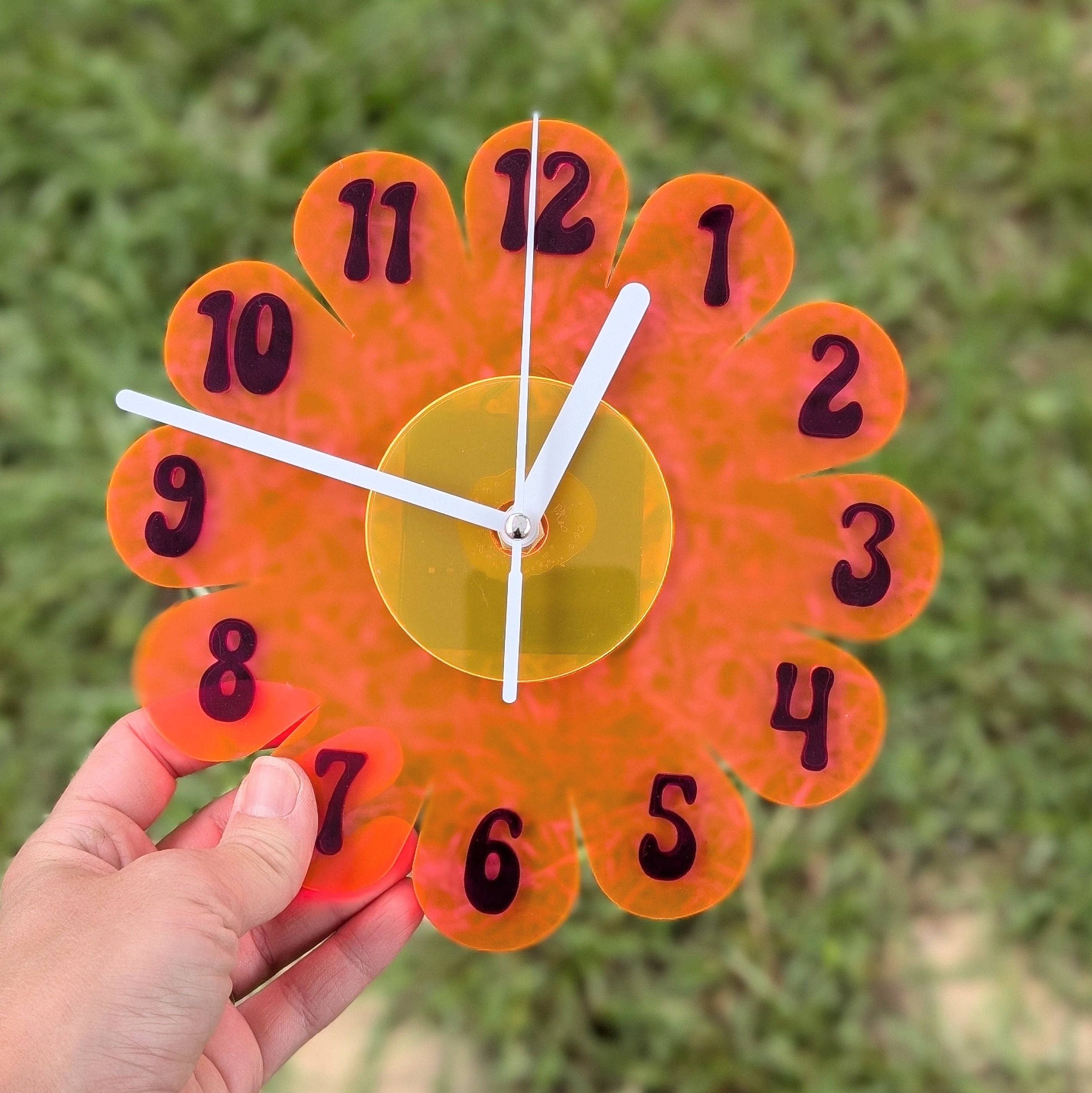 Shelfish Modern – wholesale Wall clock – Mini Blacklight UV Retro Vintage 1970s Inspired Daisy Wall Clock - Funky Wall Clock - Retro Clock- Mini Clock - Kitchen Clock Hot Pink Clock2