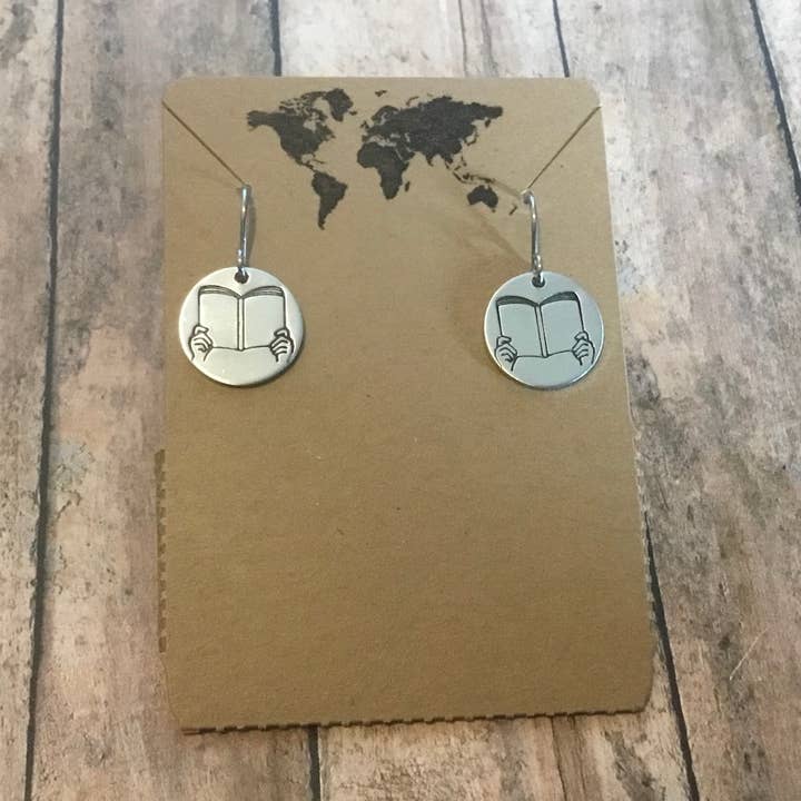 Book lover small circular earrings in silver color for wholesale by Jamie Haley Designs