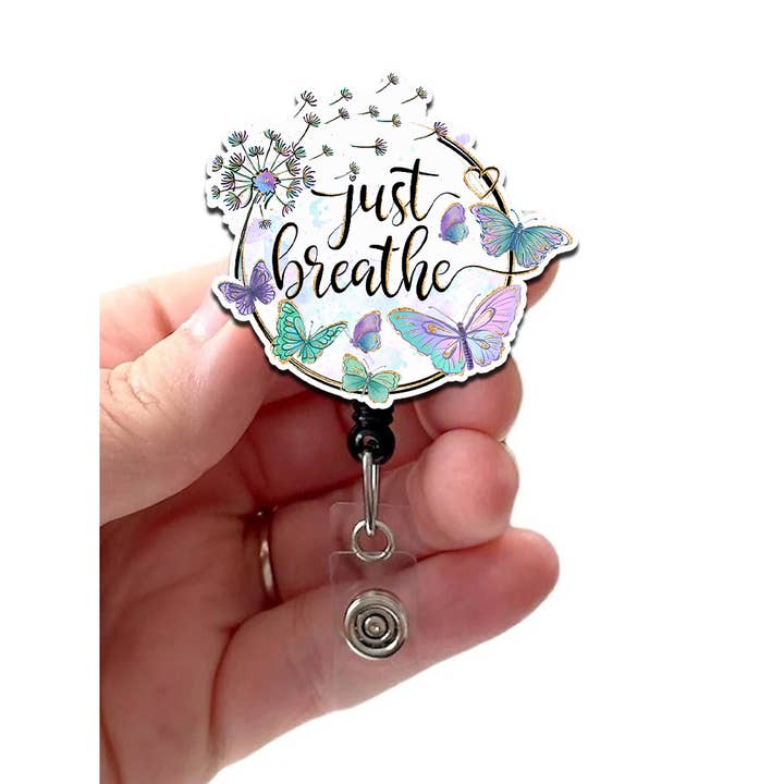 Just Breathe Butterfly Acrylic Retractable Badge Reel for wholesale by Good Girl Gone Badge