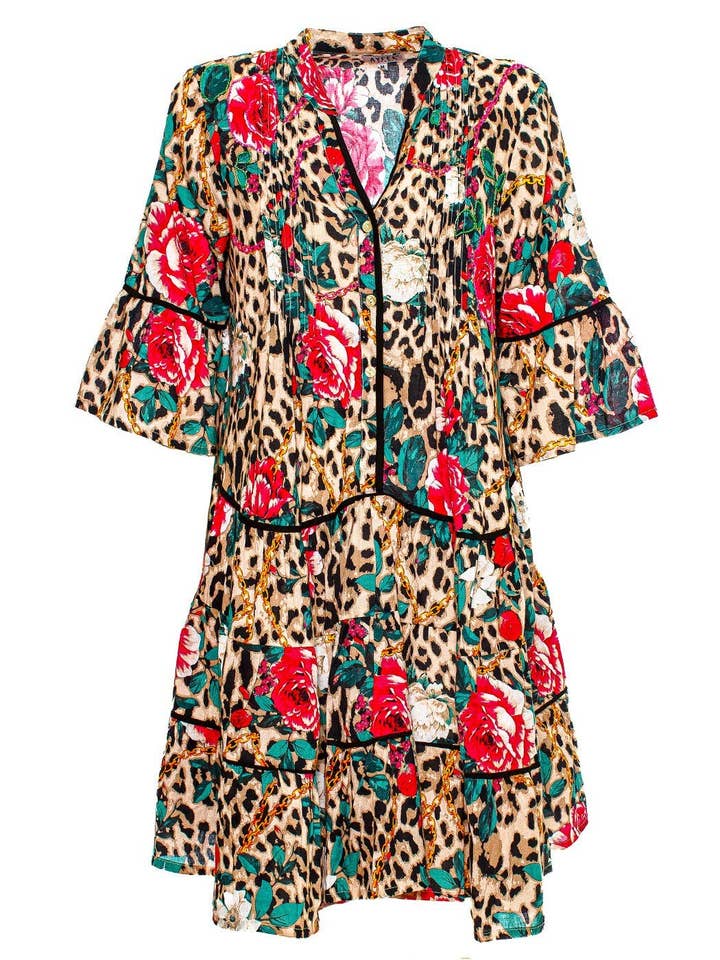 KORT KJOLE MED DYREPRINT FLÆSER OG ROSER + BRODERIER 5TG 100% COTO for engroshandel hos Ayfee