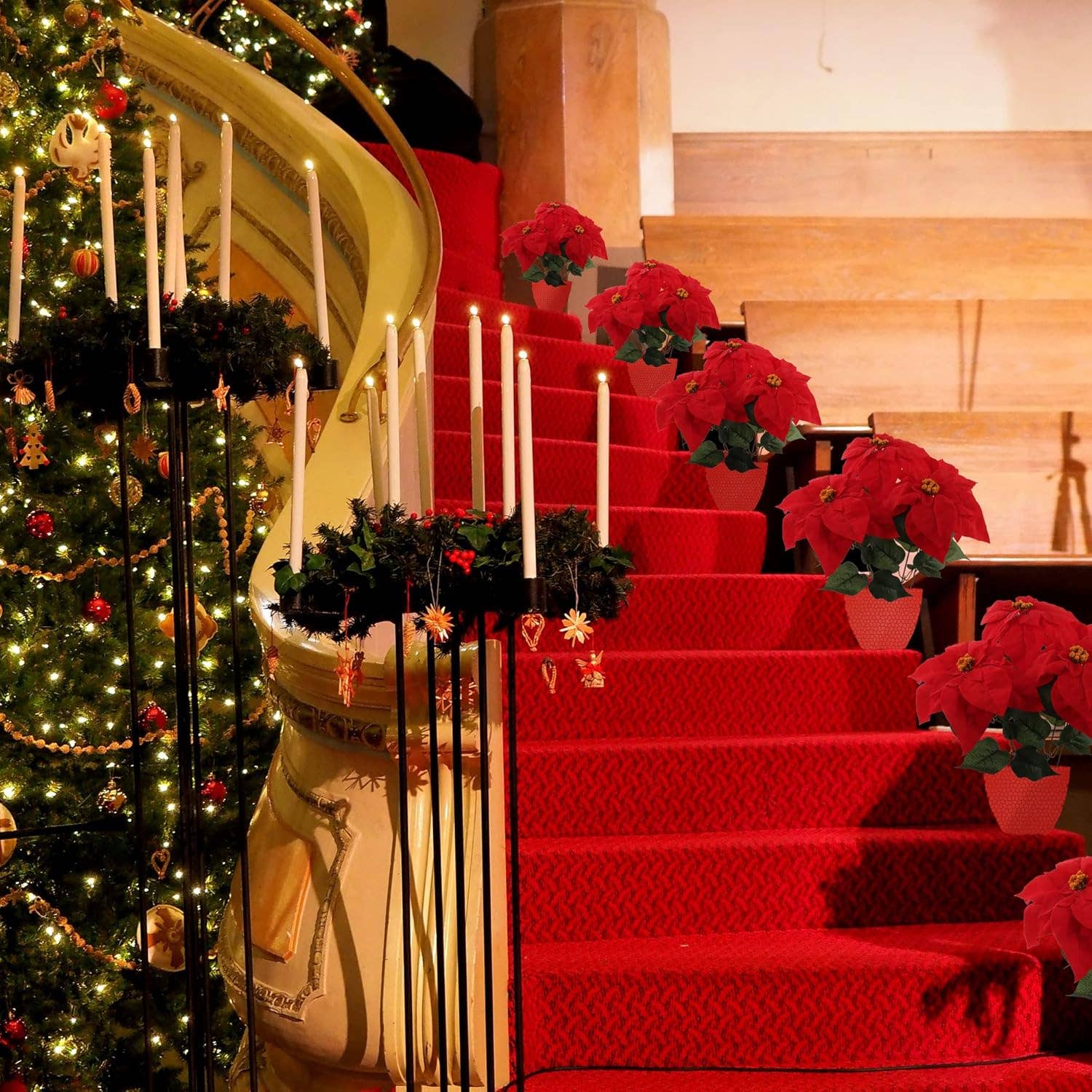 Larksilk - Venta al por mayor Flores artificiales - Arbusto de flor de pascua rojo, 7 cabezas de terciopelo, colección navideña de 20 pulgadas6