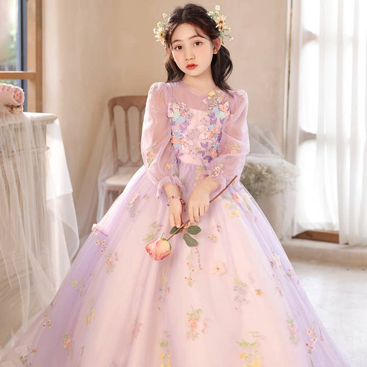 Princess Purple Birthday Dress For Girls: Luxurious Long-Sleeved Piano Performance Attire, Perfect For Spring Celebrations for wholesale by MyKids-USA®