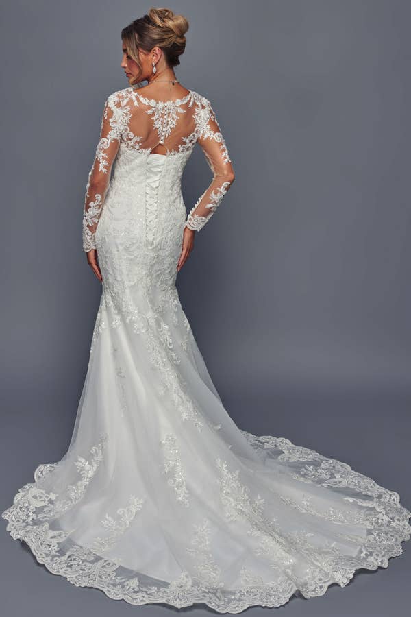 Babyfox Apparel - Vendita all'ingrosso Abito da sera - Donna - Abito da sposa a sirena con maniche lunghe trasparenti e scollo a cuore1