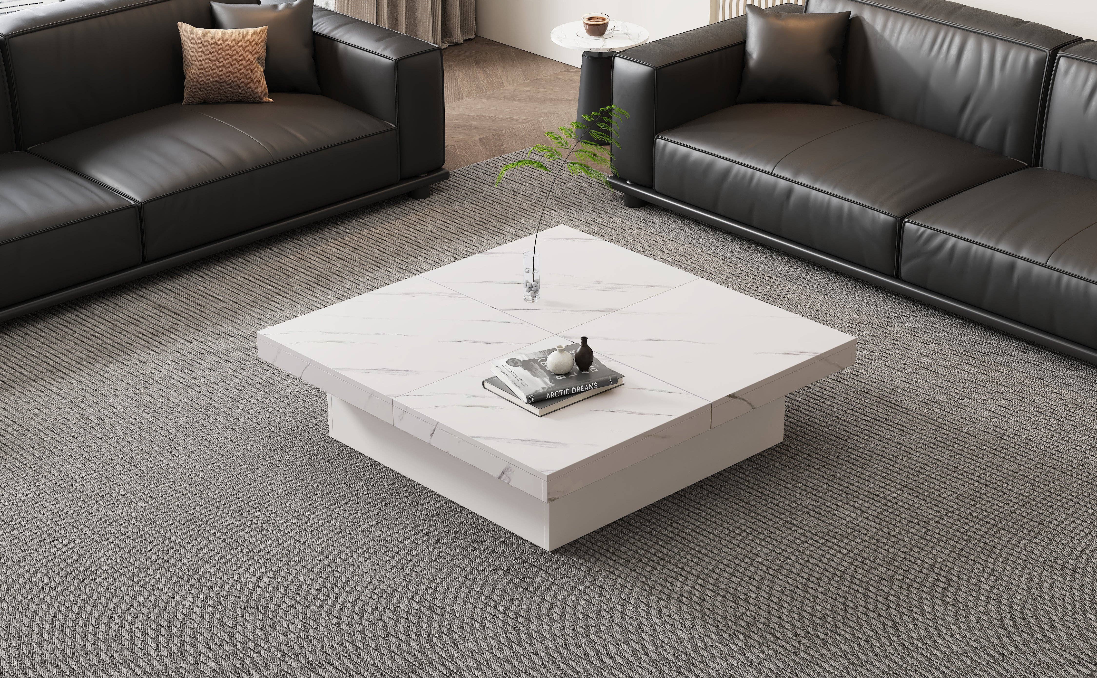 Urban Meuble - Wholesale Side Table - Modern white square coffee table with marble effect, 4 drawers, sliding top 90x90x25cm KHEKRIED43