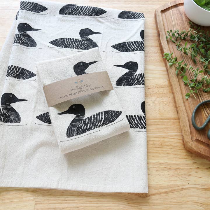 The High Fiber - Wholesale Tea Towel - Handprinted Common Loon Kitchen Towel –Natural, Eco-friendly10