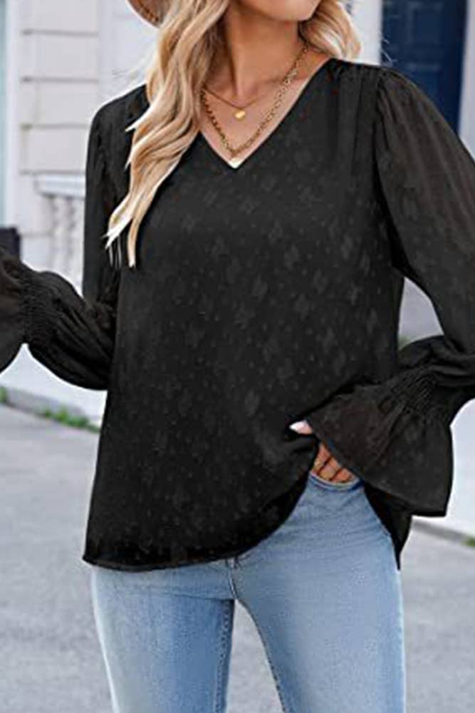UNISHE - Wholesale Blouse - Women's - V Neck Lace Sheer Flare Sleeves Blouse AXR00512