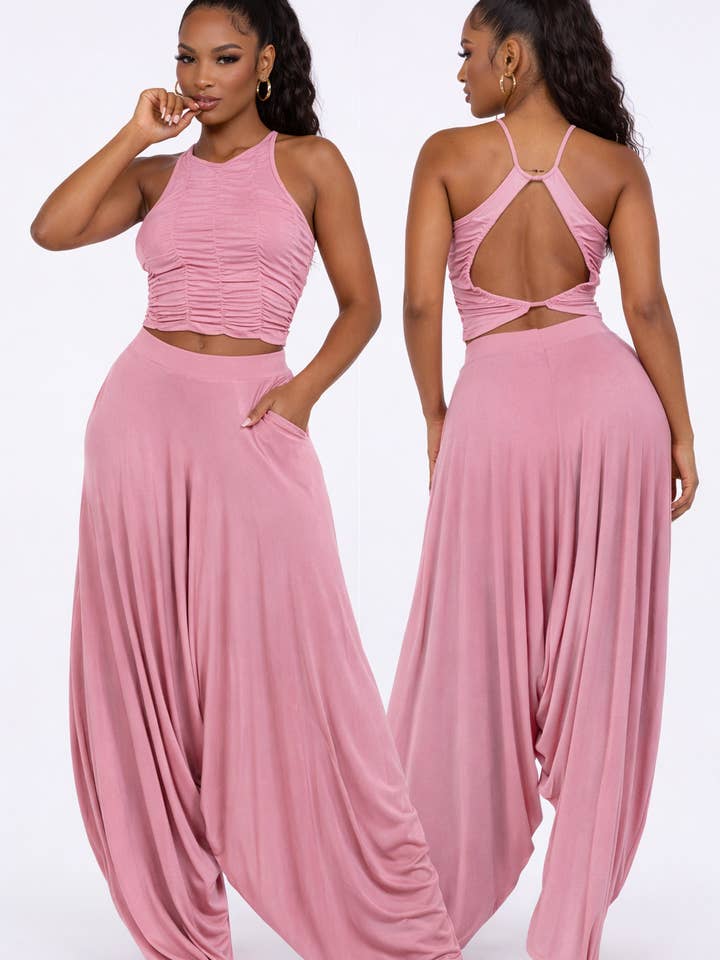 Ensemble R012-R009 - Ensemble haut court froncé en jersey simple pour la vente par LABIJOU