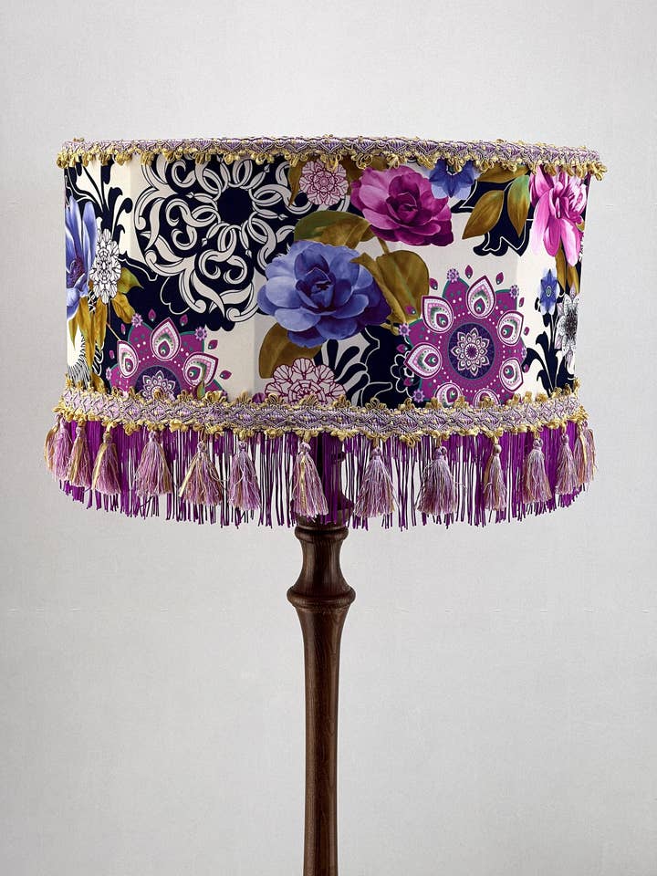 Floral Pattern Victorian Lampshade with Fringe and Tassel Trimmings. PRODUCT TO ORDER for wholesale by DelightLamps