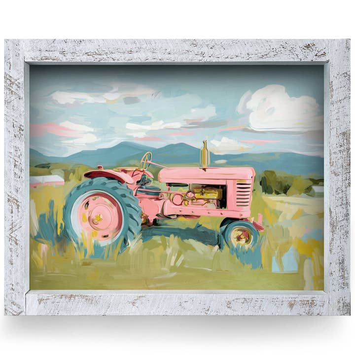Picturesque Pink Tractor | Real Wood Framed Wall Art Print for wholesale by Mill Wood Art