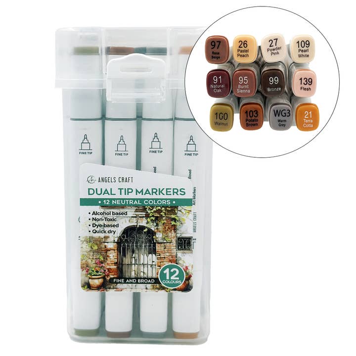Angels Craft - Wholesale Marker - Dual Tip Markers Set, 12 Colors - 4 Color Options Available2