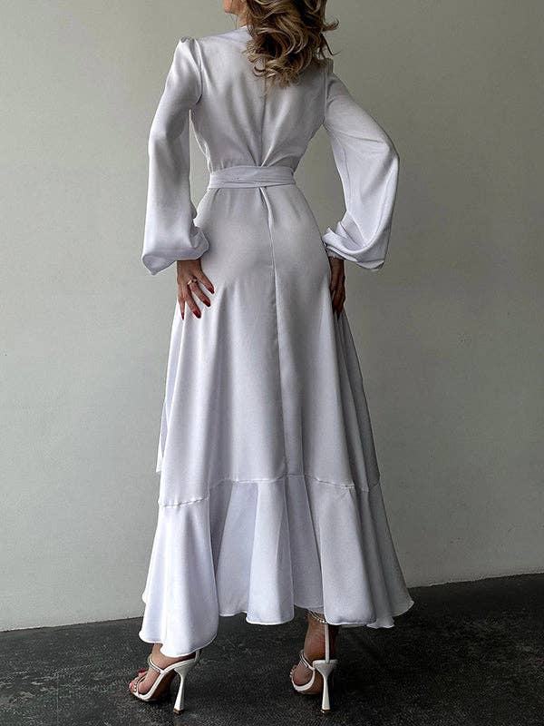 Sheer Trend - Wholesale Dress - Women's - Puff-Sleeve Asym Pleat Split-Tie V-Neck Shirt Maxi4