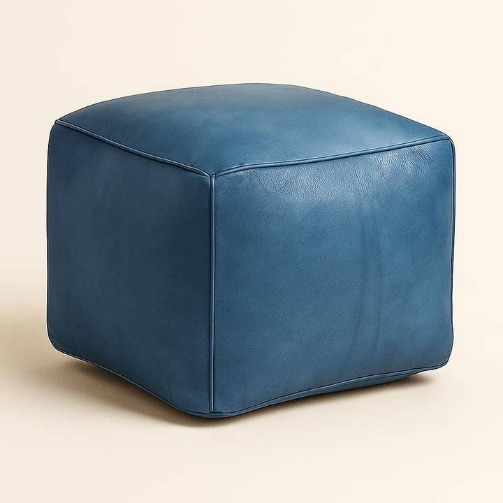Handmade Denim Blue Leather Square Moroccan Ottoman Pouf for wholesale by Troussi