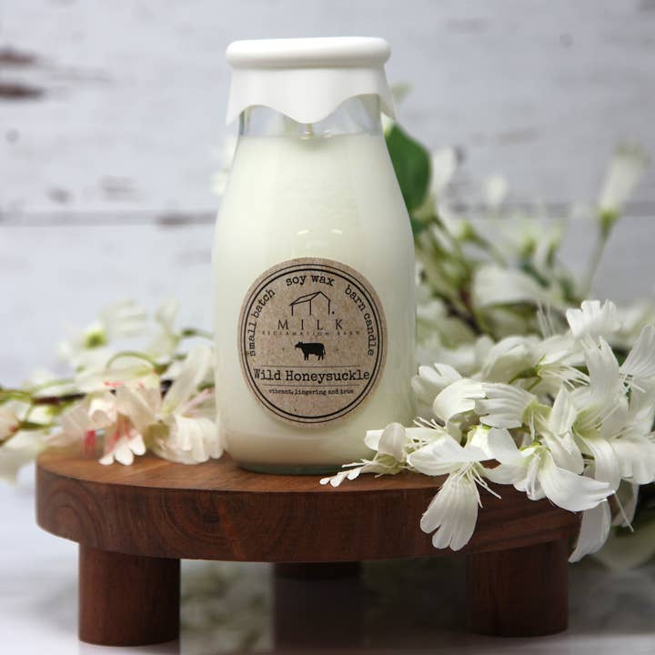 Milk Bottle Candle Wild Honeysuckle for wholesale by Milk Reclamation Barn