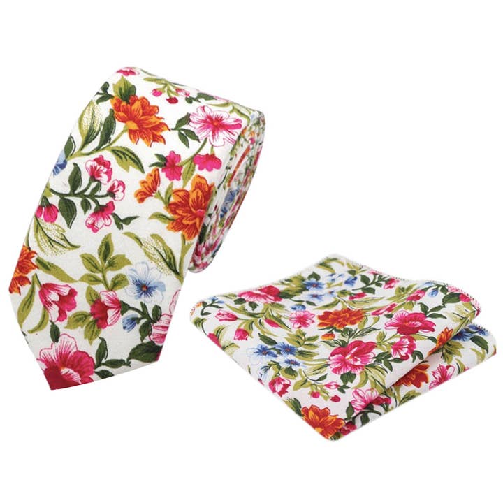 Set di cravatta e fazzoletto da taschino in cotone floreale bianco, rosso e verde Reya. per la vendita all'ingrosso da parte di Dickie Bow
