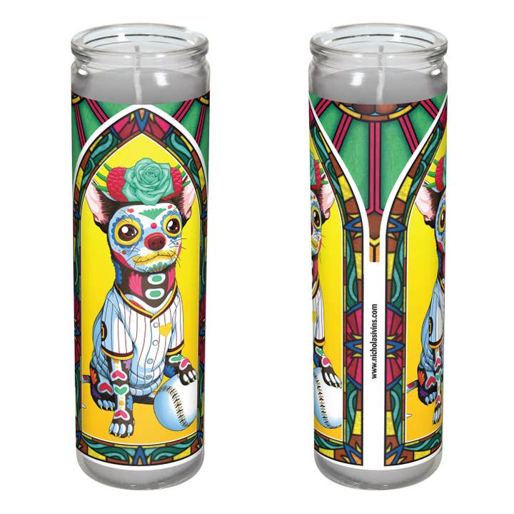 Day of the Dead San Diego Baseball Chihuahua Candle- "Nando" for wholesale by Nicholas Ivins Art & Illustration