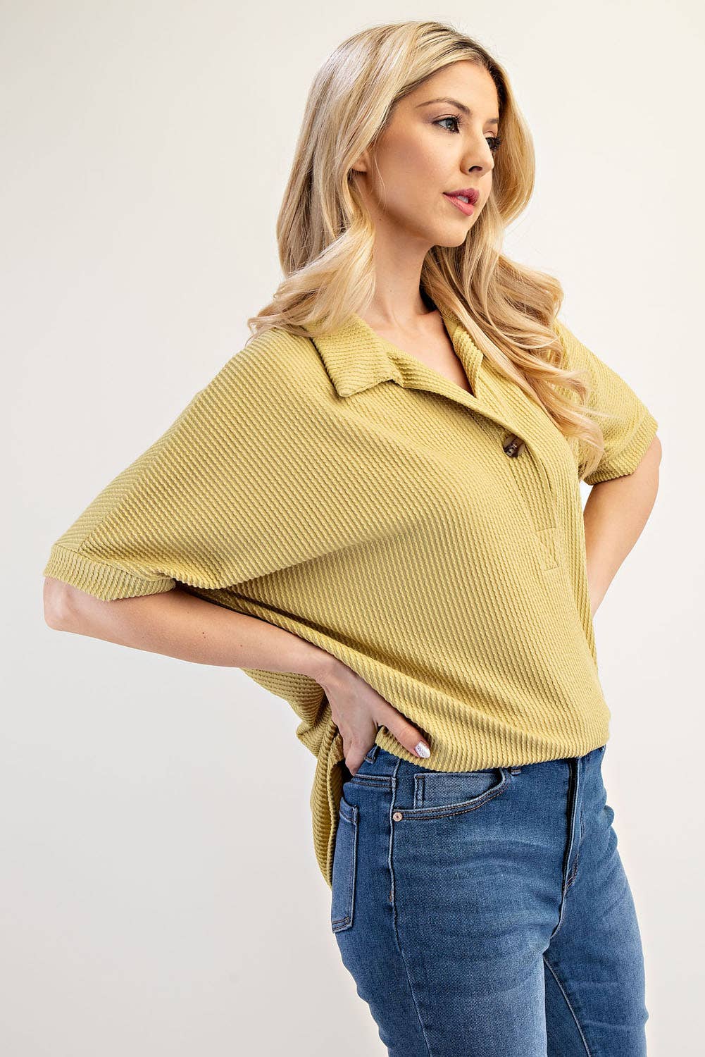 Celeste Clothing - Wholesale Knit Top - Women's - PLUS SIZE RIB KNIT COLLARED TOP WITH SHORT SLEEVES -CT2391327