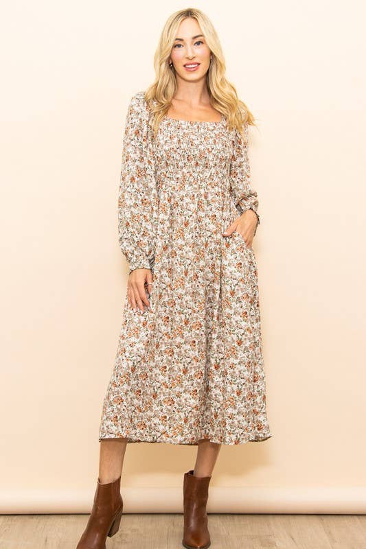 Elloh Collection – wholesale Dress – Women's – On Off Shoulder Long Sleeve Wide Flare Floral Midi Dress13