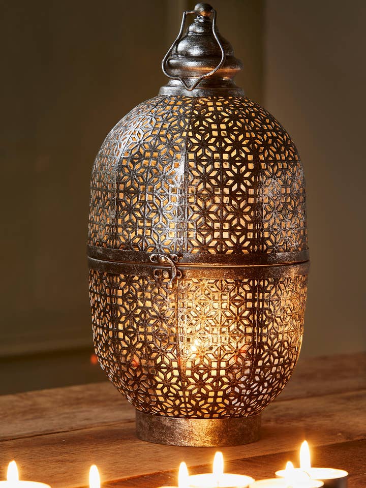 Large Floral Cutwork Black & Silver Lantern for wholesale by Namaste