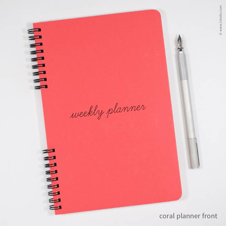 Weekly Planner with Coral Cover and School Cursive in Black for wholesale by Inkello Letterpress