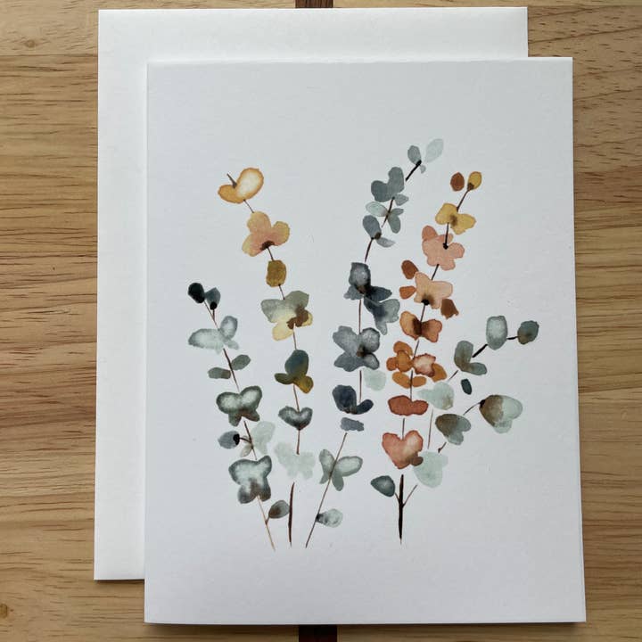 Kristin Schmidt Artist - Wholesale Everyday Greeting Card - Peach and Blue Wildflower Stems - Watercolor Greeting Card