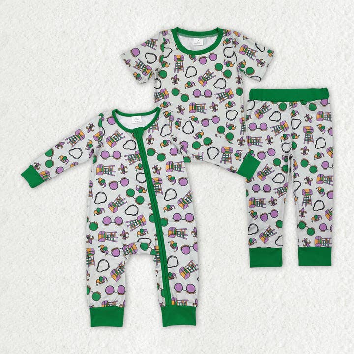 Sibling Baby Boys Green Mardi Gras Rompers Pajamas for wholesale by Aier Wholesale