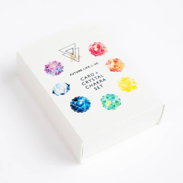 Chakra Card Set With 8 Cards and 7 Crystal Set White Box for wholesale on Faire2