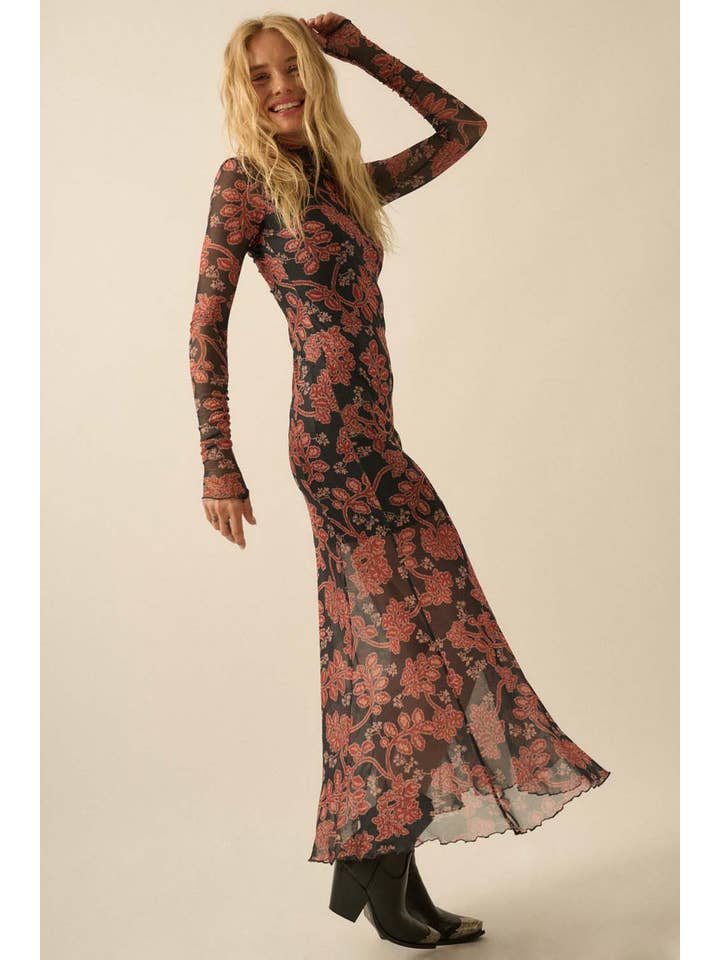 Charcoal Floral Mesh Mock-Neck Thumbhole Maxi Dress for wholesale on Faire2