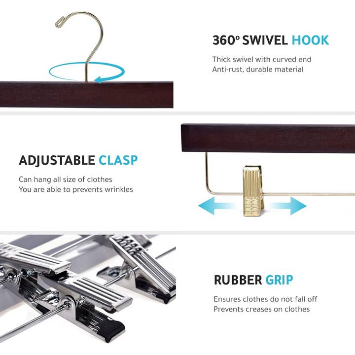 Quality Hangers - Wholesale Kleerhangers - W013 houten rechte rokkenhangers, 35,5 cm, walnoot met gouden haak, 100 stuks2