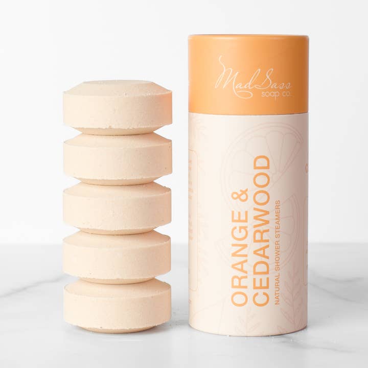 Orange & Cedarwood (lot de 5) - Cuiseurs à vapeur pour la douche pour la vente par Mad Sass Soap Co