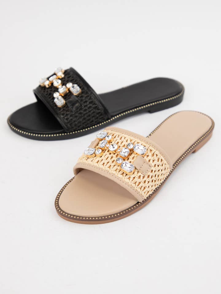 CRISTA-30 JEWEL DECOR RAFFIA UPPER SLIP-ON SANDALS for wholesale by CCOCCI