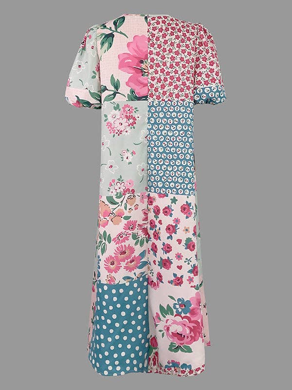 BLEU ROUGE Robes mi-longues amples à col rond à pois et imprimé fleuri en vente sur Faire4