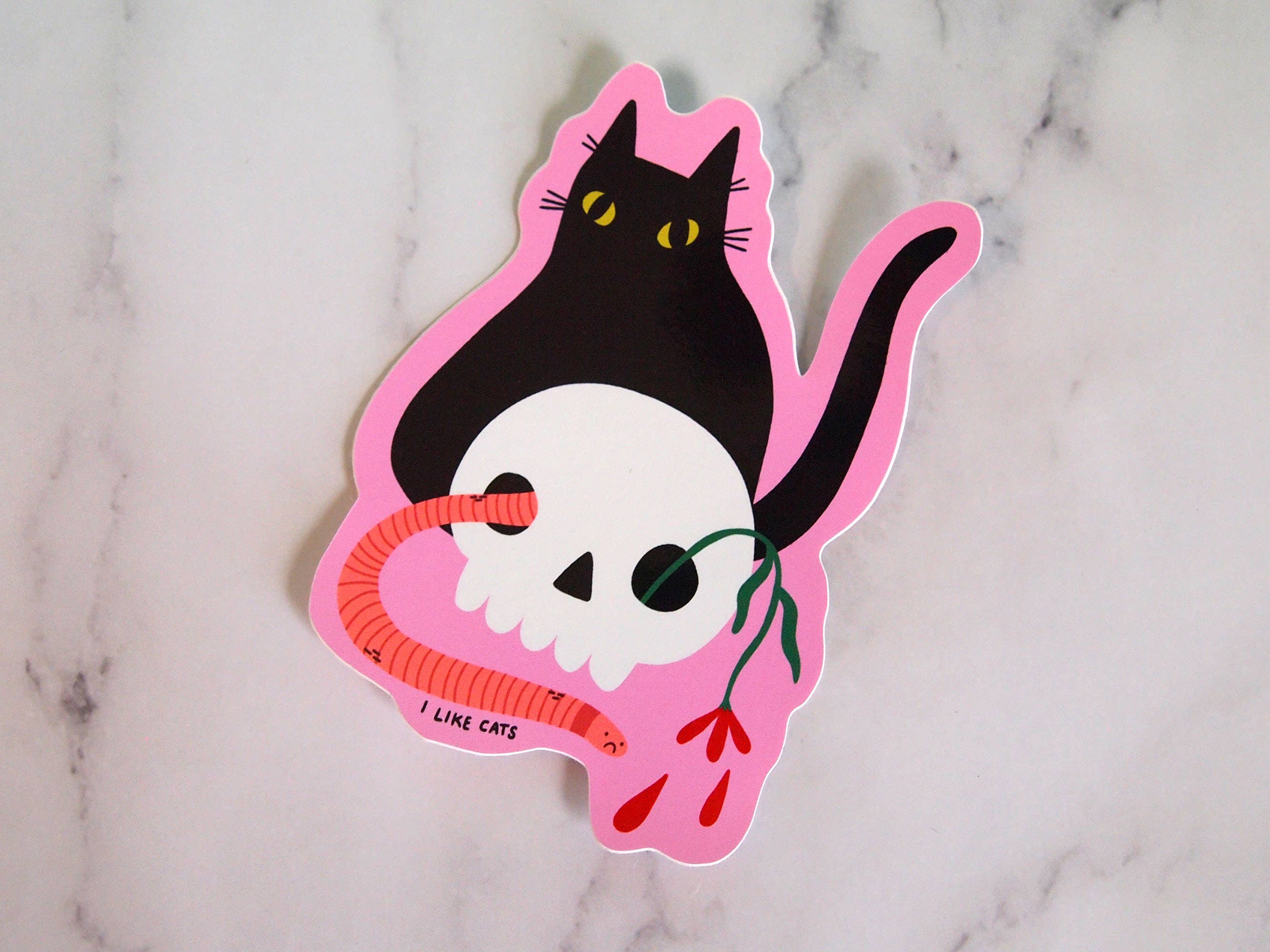 I LIKE CATS – wholesale Sticker – Black cat with skull illustrated vinyl sticker4