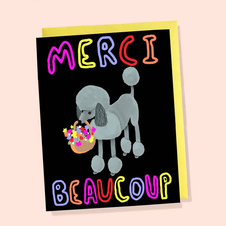 Merci Beaucoup card, cute dog thank you card, French card for wholesale by Bangs & Teeth