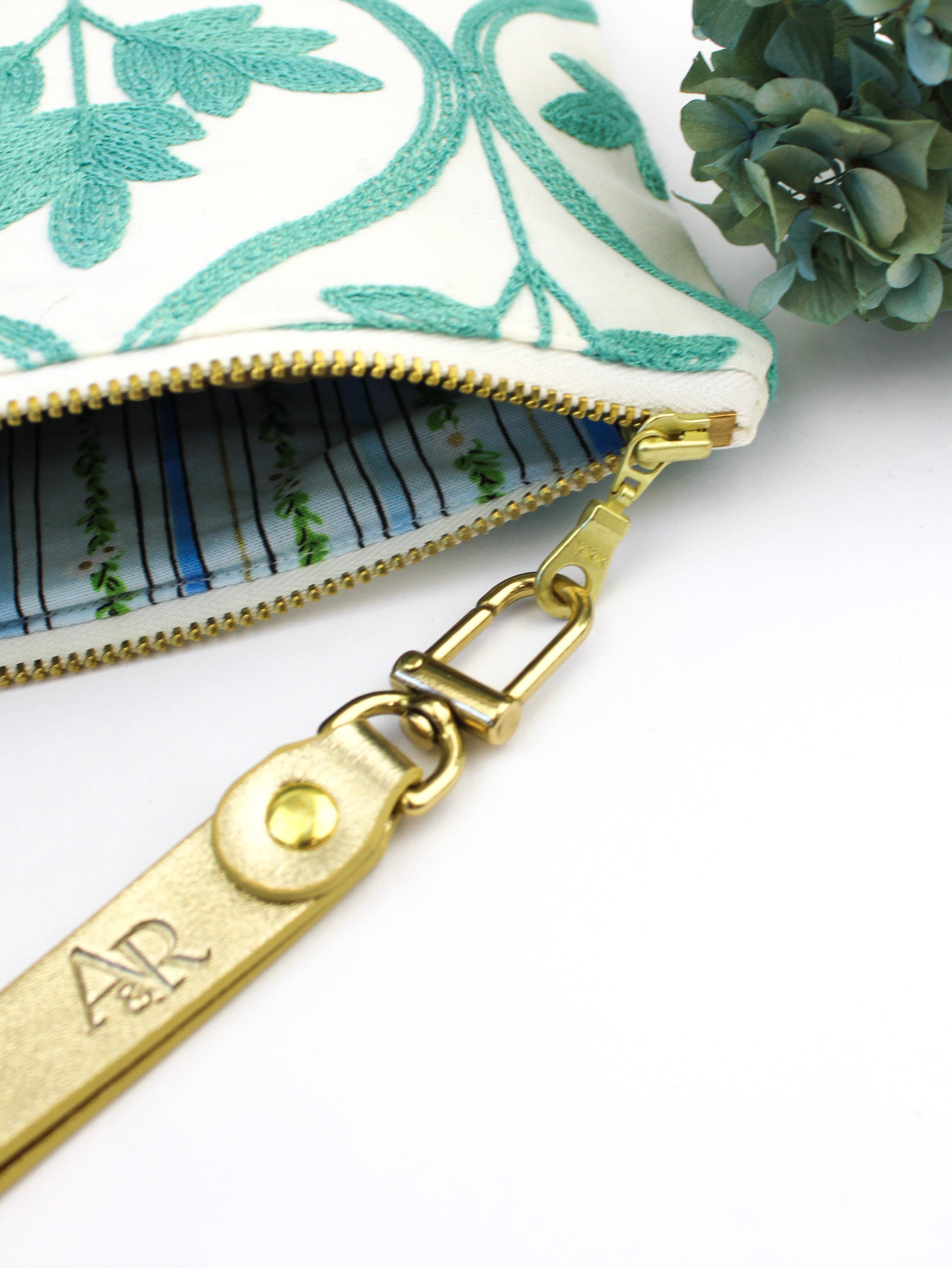 Ash & Rose - Wholesale Wristlet - Mayfair Aqua Botanical Embroidered Wristlet Purse2