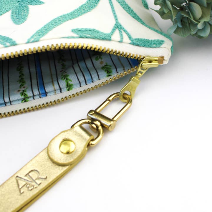 Ash & Rose - Wholesale Wristlet - Mayfair Aqua Botanical Embroidered Wristlet Purse2