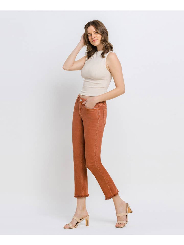 BAKED CLAY MID RISE FRAYED HEM CROP SLIM STRAIGHT JEANS V3500BKC for wholesale on Faire2