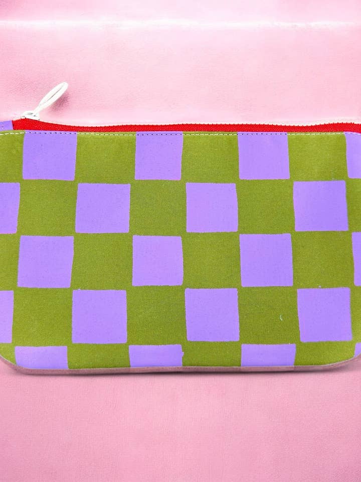 Handprinted Waxed Cotton Pencil and Makeup Case Purple and Green Checkered for wholesale by Yolla.studio