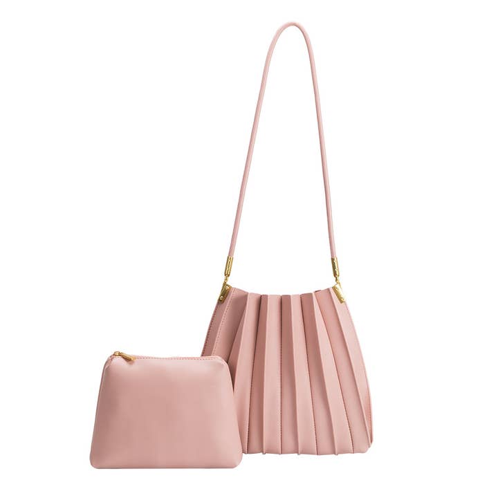 Melie Bianco - Wholesale Shoulder Bag - Women's - Carrie Blush Pleated Vegan Shoulder Bag